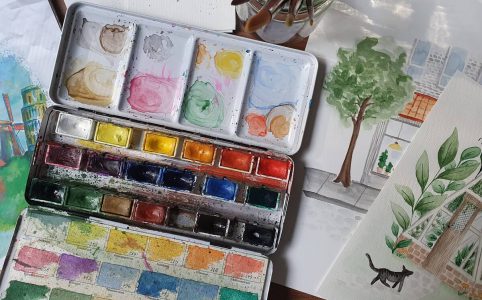 Aquarellkasten und -bilder